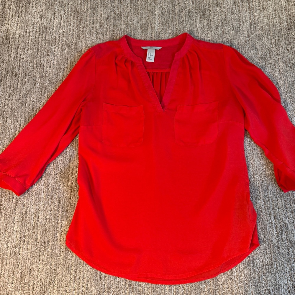 H&M Red Split Neck Long Sleeve Blouse with Chest Pockets Size 8